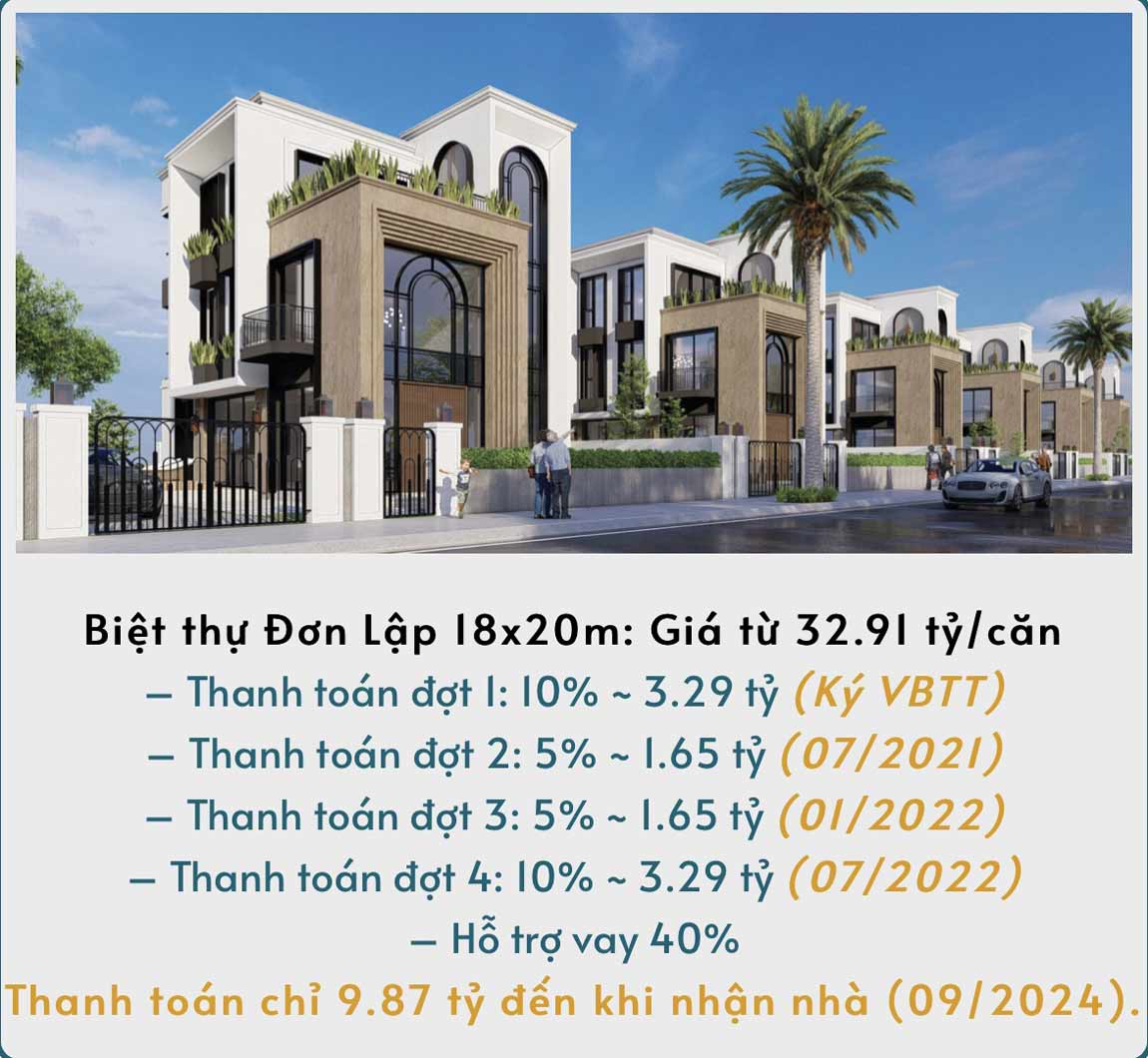 Giá bán biệt thự đơn lập 18x20m và lịch thanh toán chi tiết